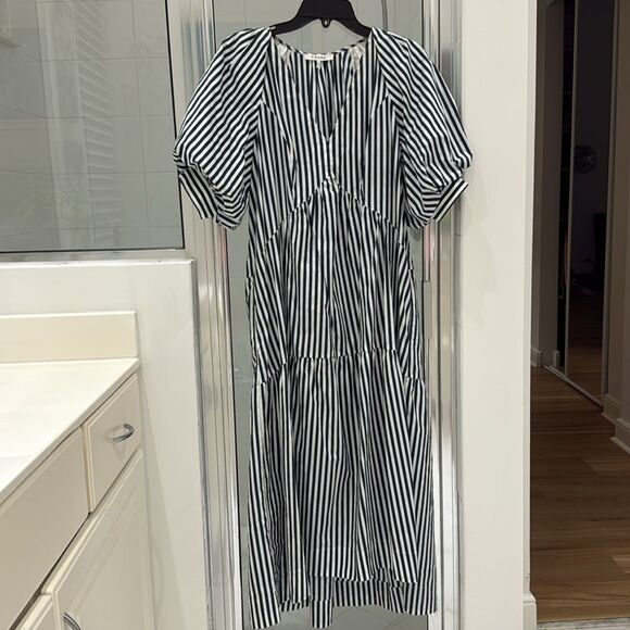 Frame Striped Puff Sleeve Midi Dress Navy White 100% cotton size medium - Picture 5 of 10